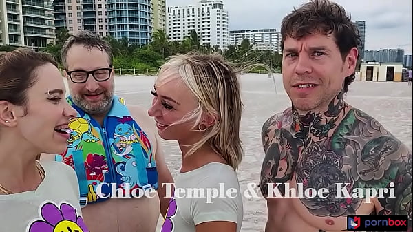 Beach bunny Kapri & Chloe Temple threesome in front of cuckold sugar daddy