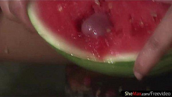Big ass latina shemale cums hard after pounding a watermelon