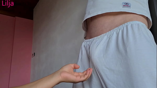 Squeezing and slapping big balls handjob