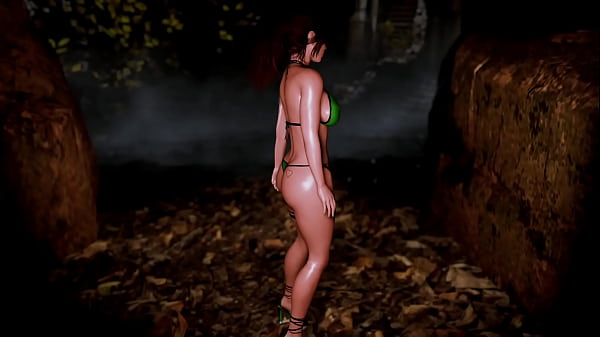 Mature sexy Lara Croft alone seductively posing in microbikini at thicket