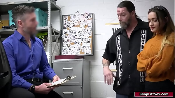 Busty brunette is caught stealing and her stepdad offers the officer to fuck his stepdaughter.They deepthroat facefuck her and the officer bangs her  