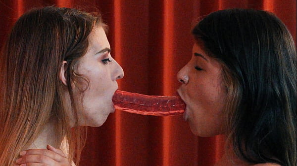 two lesbo sluts share a dildo 