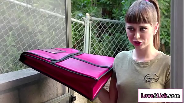 Blonde pays pizza by licking delivery chicks hairy pussy