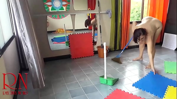 The depraved cleaner cleans the ballet class. Disguised employee. Nudism.