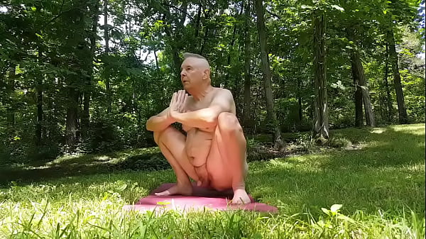 Fat Old Man Does Nude Yoga Outdoors in a Public Place 