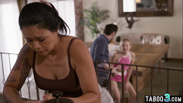 Anal addict husband fucking a tiny teen slut and his big boobed asian wife  