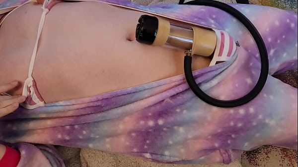 Pretty CD Sucked by Milking Machine in Striped Panties and a Rainbow Onesie