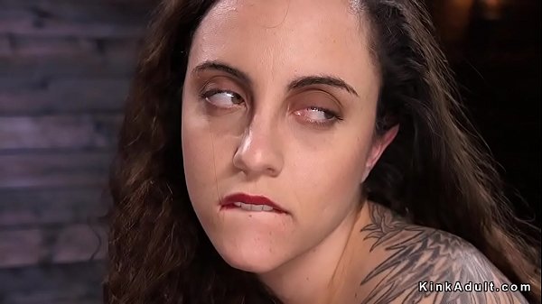 Brunette with hairy pussy shoves huge dildo on fast fucking machine