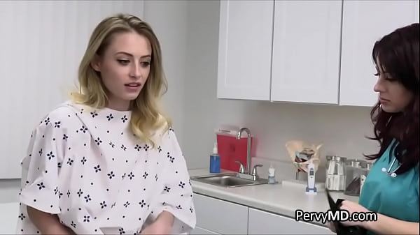 Sexy babe and horny nurse blowing MD's cock 