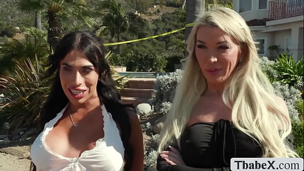 Two horny shemales decide to seduce this handsome construction worker to do threesome sex with them 