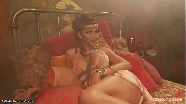 Hot big tits brunette Asian shemale Goddess Yasmine Lee gets cock sucked by submissive slave Blake then rims and anal fucks him in bed 