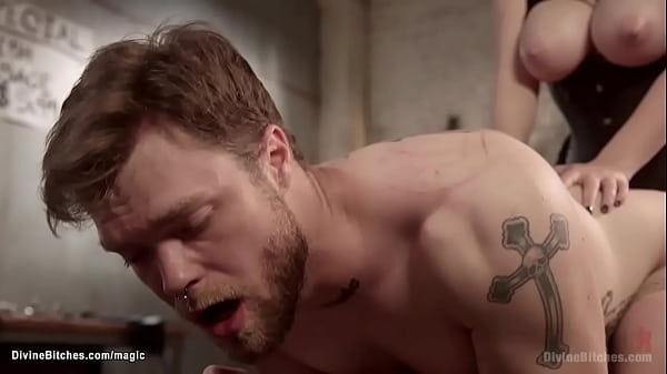 Big tits blonde MILF butcher Aiden Starr straps down on knees delivery man Mike Panic and clamps his nipples then in doggy position anal fucks him with strap on cock