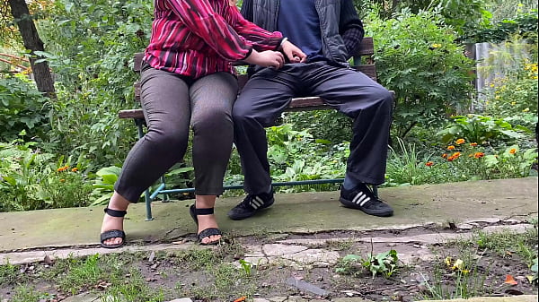 Milf had to sit on a bench to hold his cock while he pees  