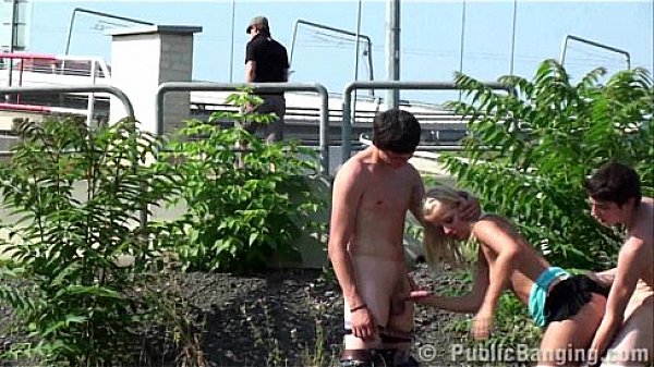 Young pretty teen girl in PUBLIC gangbang sex orgy