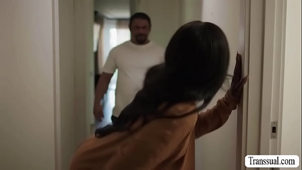 TS ebony lets her horny shemale roommate bend over and she then toys her ass.After that,she calls their guy roommate and lets him bang their asses.