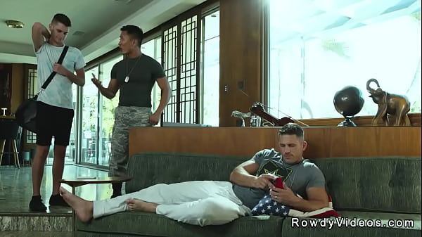Jkab Ethan Dale brings Trevor Harris to his house where he lives with a gay soldier Roman Todd and then three muscle studs anal fucking and sucking in threesome