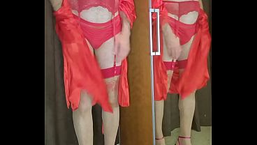 Man wearing red lingerie 