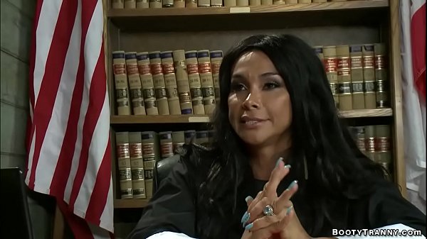 Big tits brunette Latina shemale judge Vaniity seduces offender S Jack in her office and steips off then fucks his mouth and asshole with big cock 