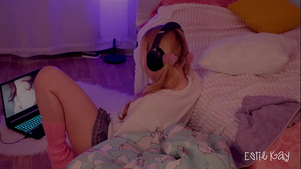 Cum in stepsister's mouth right after caught her watching hentai and stretching her butthole