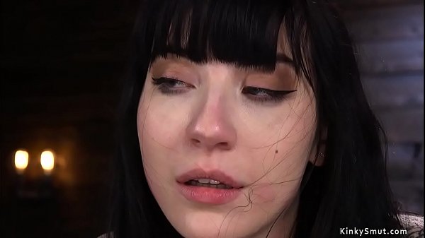 Chained beautiful brunette petite alt slave Charlotte Sartre gets pussy vibrated by master The Pope then gets caned and clamped pussy vibrated 