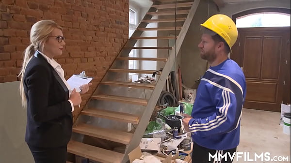 Stockinged blonde hottie with big knockers Tatjana Young gets mouth fucked and jizzed by a construction worker  