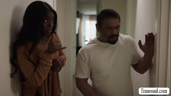 Ebony TS caught her shemale roommates jerking off on her bed.She calls their guy roommate and then he bareback fucks her tight ass so deep hard.