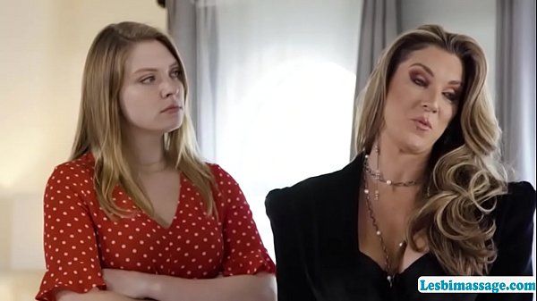 Hot boss tests the skill of her newly hired masseuse by massaging her assistant.The masseuse starts massaging her assistant and after that,she tells them to kiss.After that,their boss gets horny and they start licking their wet pussies.  