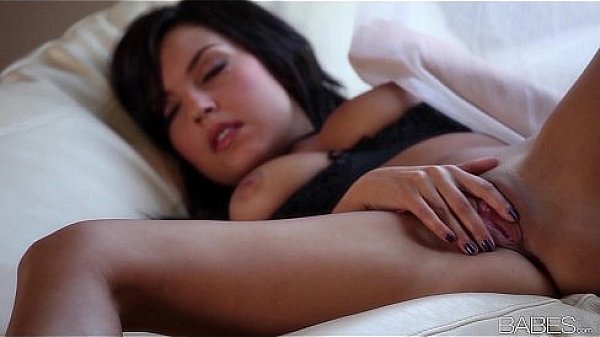 Stunning brunette in black silk panties strips down & masturbates  