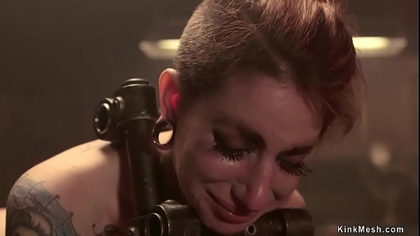 Newcomer Sheena Rose is brough on device bondage blindfolded and master The Pope vibrated her then shackled in doggy style metal device  