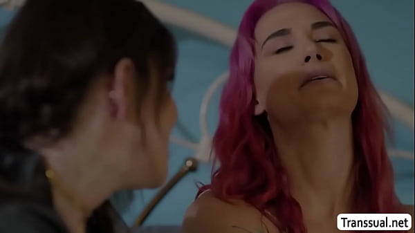 Curvy TS and her hot stepsis are on the bed kissing each other.After that,she lets her stepsis suck her tranny cock before she fucks her wet pussy.