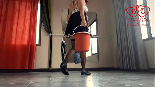 Depraved cleaning lady masturbates. Wet panties, stockings and clothes. French maid costume. Ballerina in pantaloons.