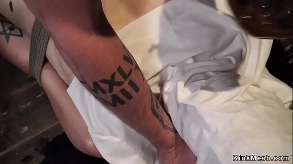 Hot small tits brunette slave in chair bondage with bowling ball hung for neck gets whipped then suffers in one leg inverted suspension on hogtie  