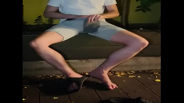 Amateur boy pees himself in the garden (wets his grey shorts, grey undies and white tshirt)