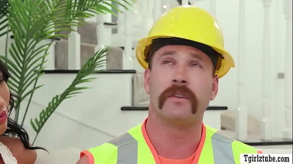 Horny shemales Aubrey Kate and Avery Lust decide to seduce the construction worker to have sex with them.  