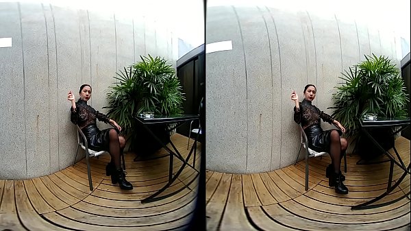 VRpussyVision.com - Young girl smokes topless and in leather skirt