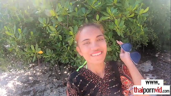 Skinny small titted asian babe fucking a big european dick outdoor  