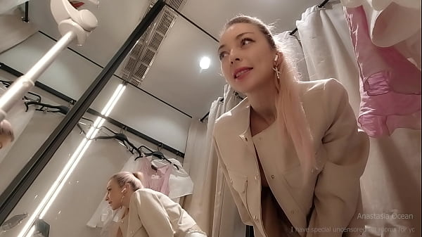 Live video call in fitting room. Naked Try on haul in public. Anastasia Ocean  