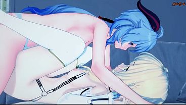 Lumine gets fucked doggystyle by Ganyu with a strap on, rides it cowgirl until she cums.