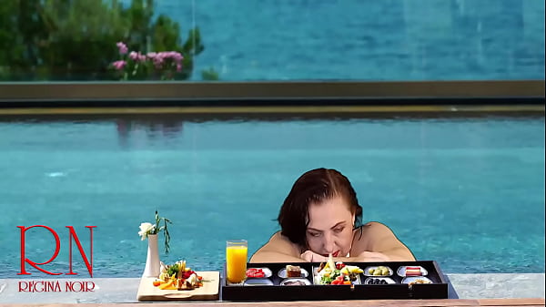 Regina Noir. Tits teasing at swimming pool. Nudist hotel. Nudism outdoors. full