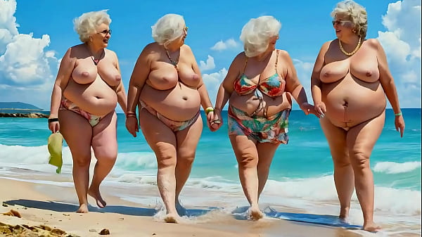 Older women with big breasts walk on the beach