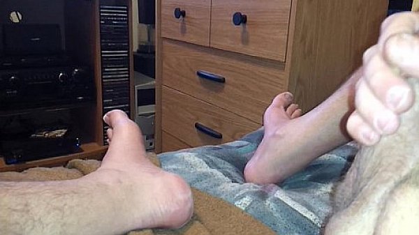 Rubbing cock against leg to cum