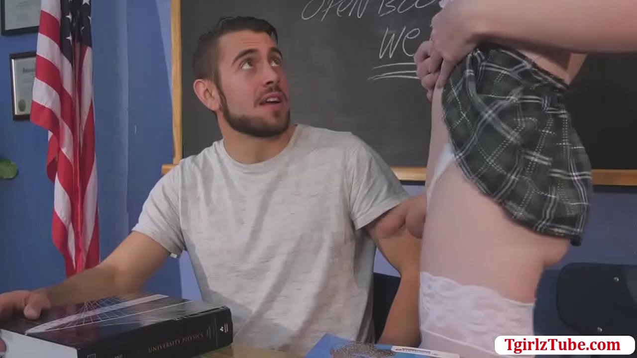 Petite TS and her classmate are in the room waiting for their teacher.After that,their teacher tells them that they will be sharing in one room for the competition.They start sucking each others cock and she lets her classmate bareback her tight ass.