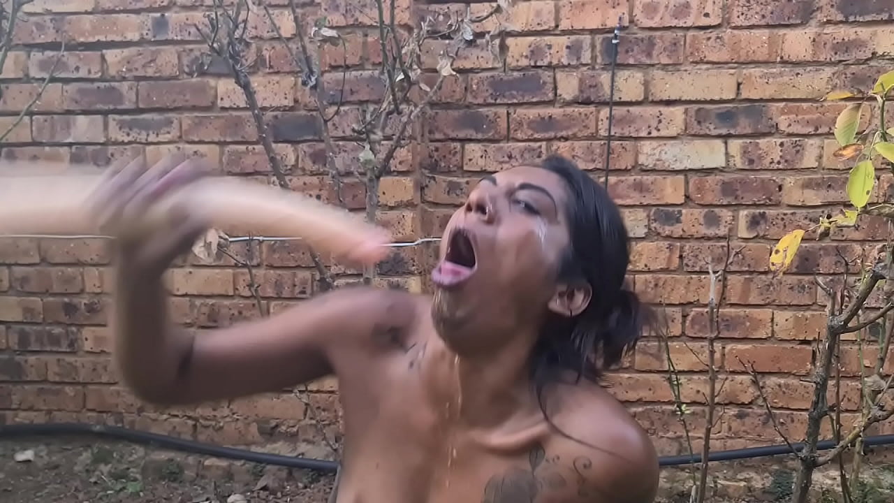 Sitting outside making myself puke and gag as I deepthroat a long dildo, desi Indian slut