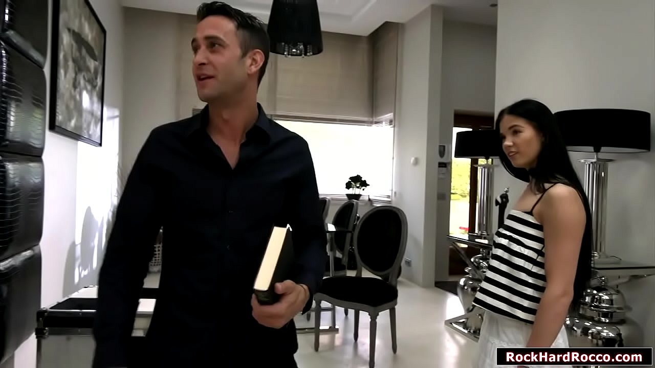 Teen brunette doesnt like studying english and that makes her tutor angry with her.But she convinces him to have sex.They start kissing and she then throats her tutors big cock.In return her tutor licks her ass first before he fucks it deep and hard.