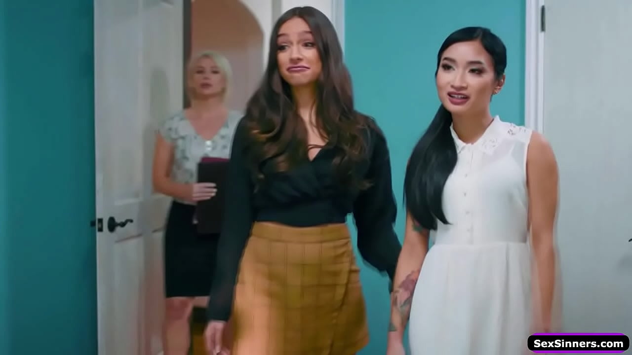 SexSinners.com - Lesbian couple visiting an open house and stay behind in the bedroom.The busty brunette kisses her petite asian wife and licks her shaved pussy