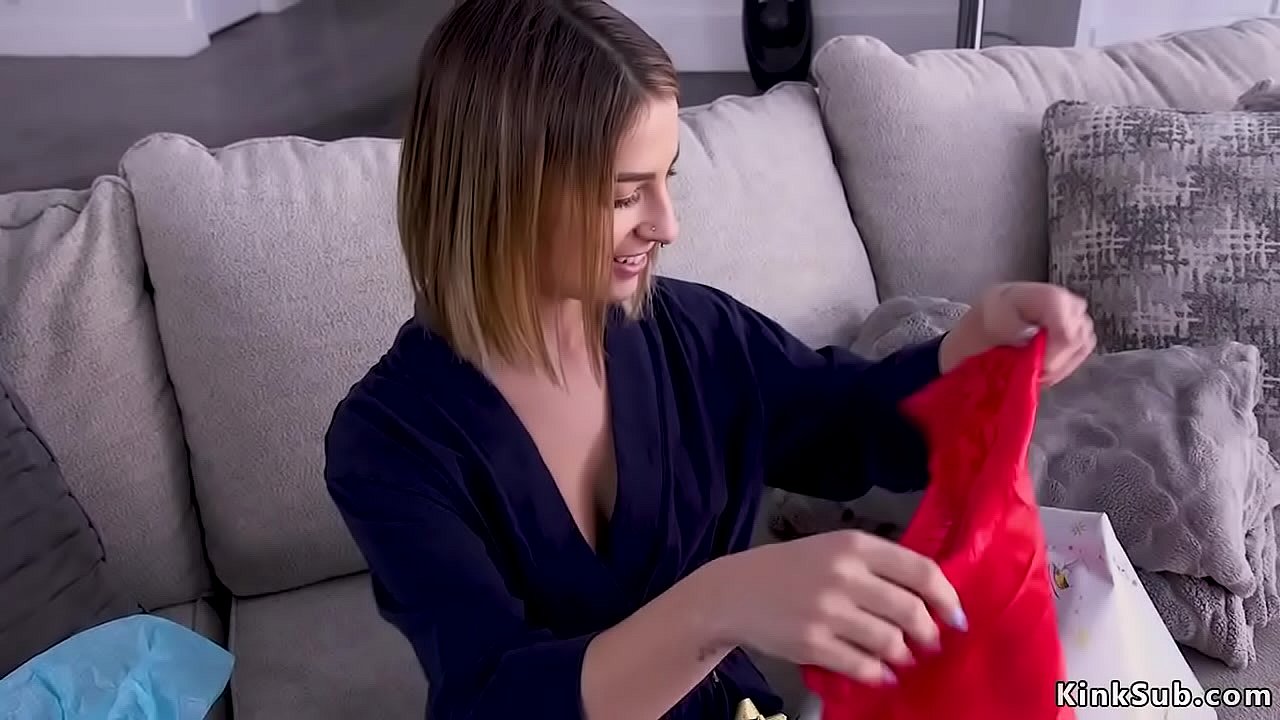 Hot brunette babe Kristen Scott wearing her red Xmass lingerie and then delivery man ties and gags her then hard flogs in her home