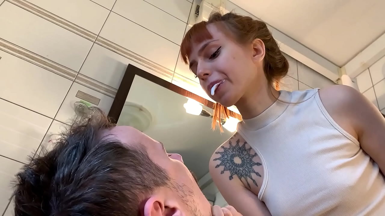Skinny Dominant Girl In Panty Brushes Teeth and Use Her Submissive Guy Like a Spittoon Slave For Spitting Humiliation Femdom