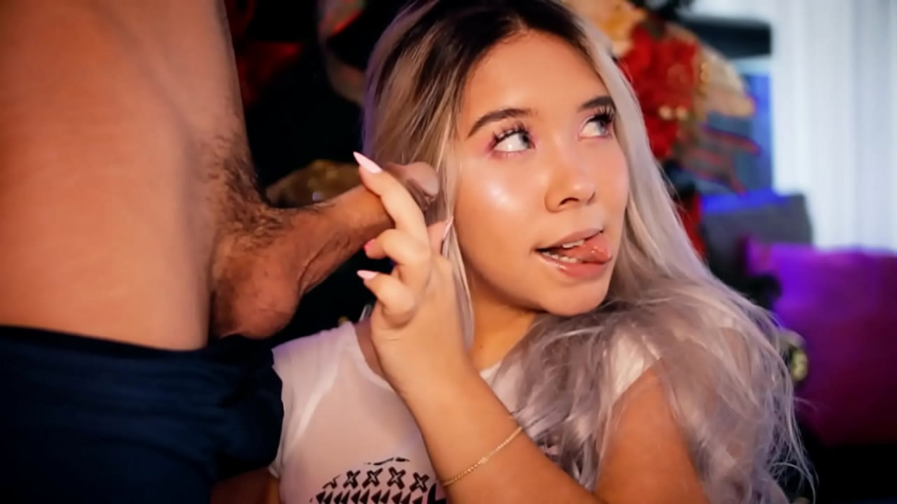 Beautiful chubby college student with an angelic face agrees to suck her friend's cock on webcam show