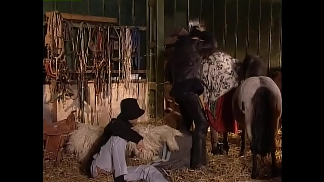 Nice blonde gets fucked in the stable by two guys