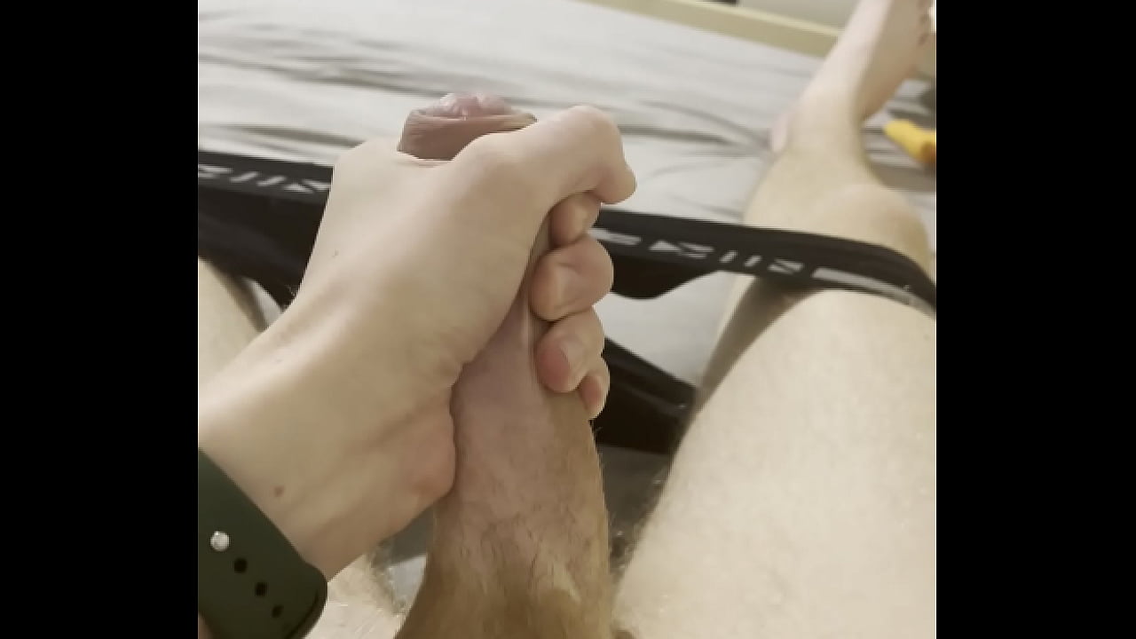 Skinny Guy Stretching His Big Dripping Cock